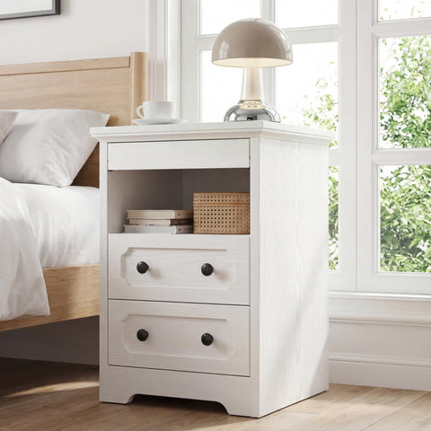 IRONCK Bedside Table with 2 Drawers, Modern Nightstand with Open Shelf, End Table with Pull-Out Tray for Bedroom, Living Room, White