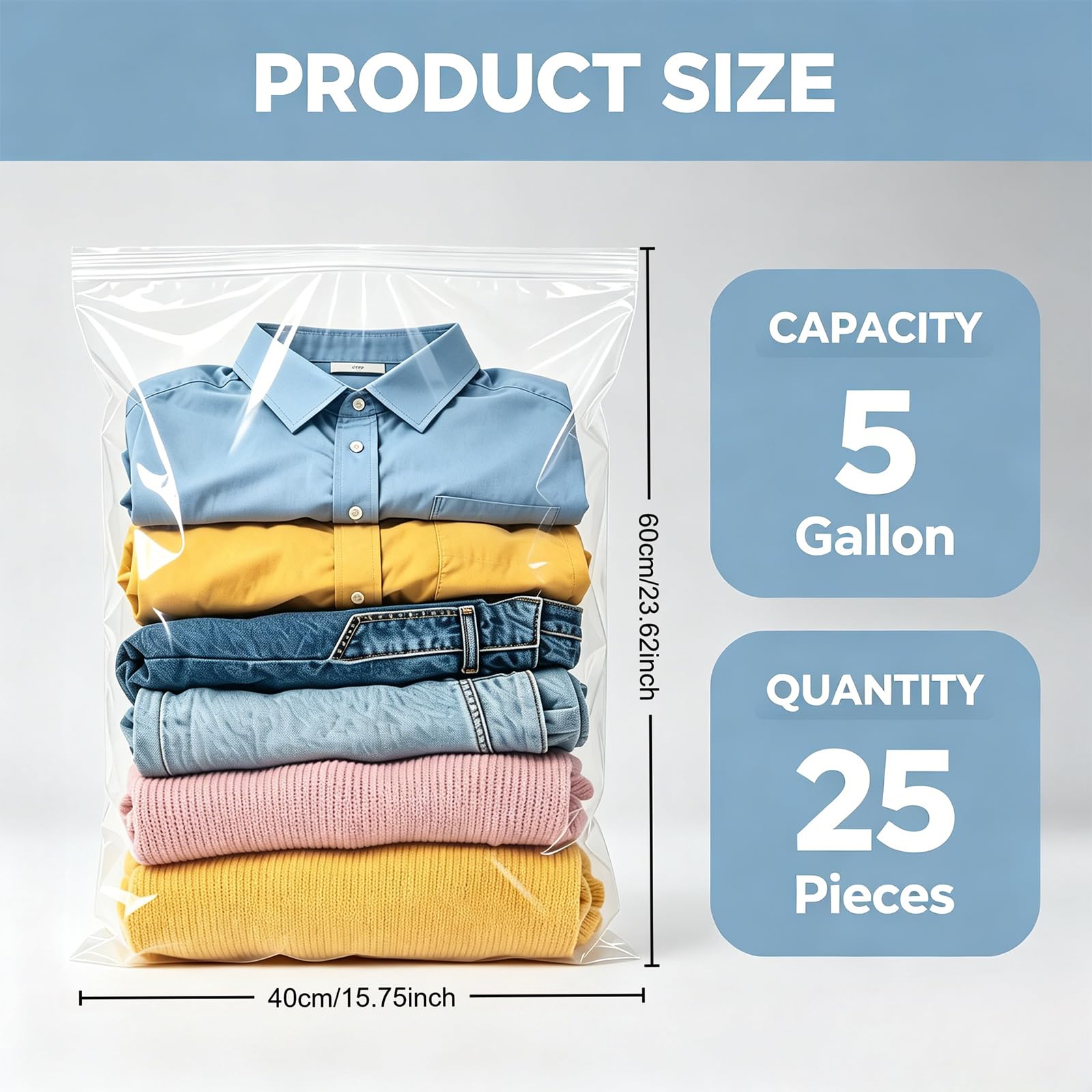 Ziplock Bags for Clothes, 25Pcs Large Clear Plastic Storage Bags 60x40cm