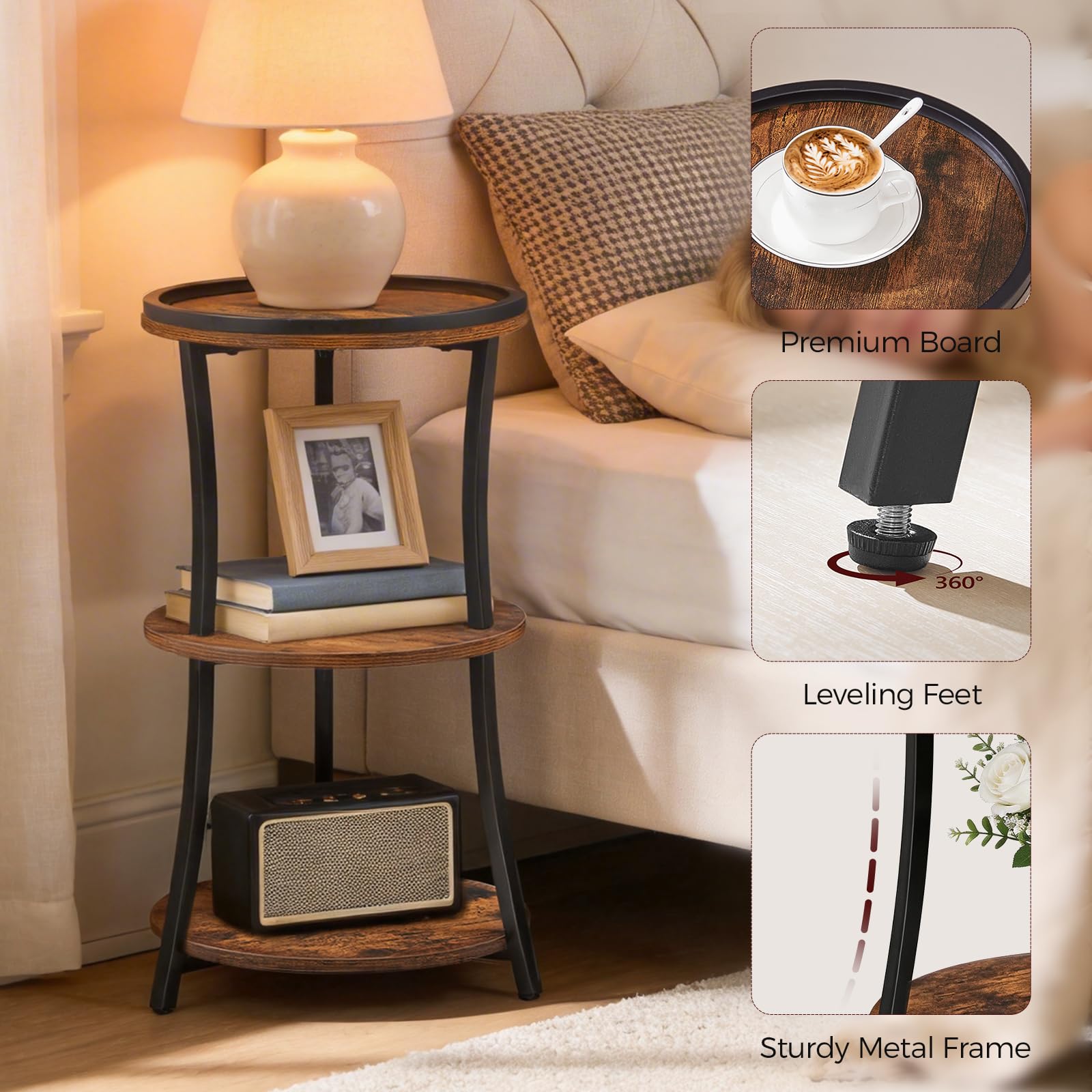 MAHANCRIS Round Side Table, 3-Tier Small End Table with Raised Edge, Nightstand with Storage Shelves, Industrial Coffee Table, for Living Room