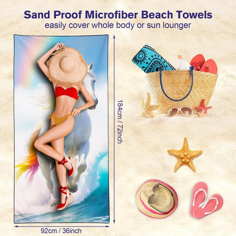 Violetpos Rainbow Mane White Horse Beach Towel, Extra Large 180x90 cm 250GSM Microfibre, Sand Free Quick Dry