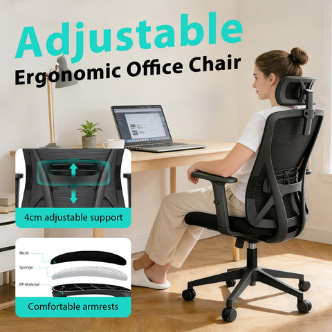 Durrafy Ergonomic Office Chair, Desk Chair with Adjustable Lumbar Headrest and Armrest, Office Chairs Support up to 150 kg