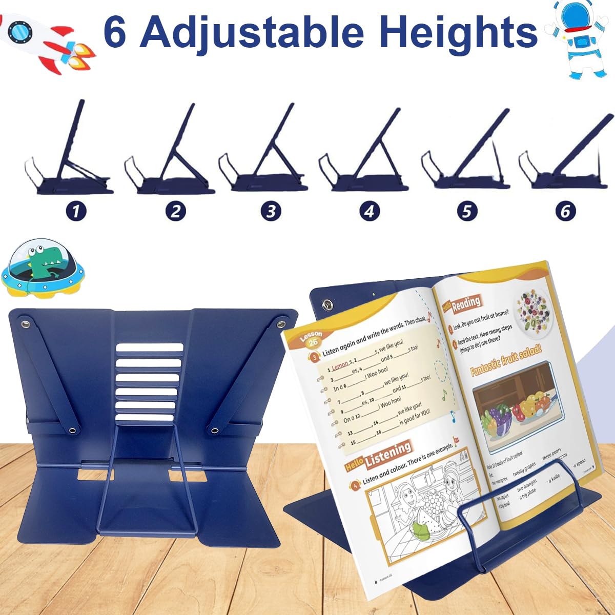 Garegce Book Stand Folding with Page Paper Clips, Cute Astronaut Book Holder, Cookbook Stands 6-Position Adjustable Height for Reading