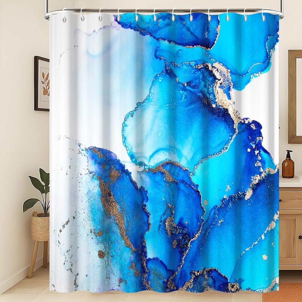 Xiaoterna Marble Shower Curtain Modern Luxury Blue Gradient Marble Waterproof Bathroom Curtain Abstract Art Gilding Wave Textured Washable Mildew