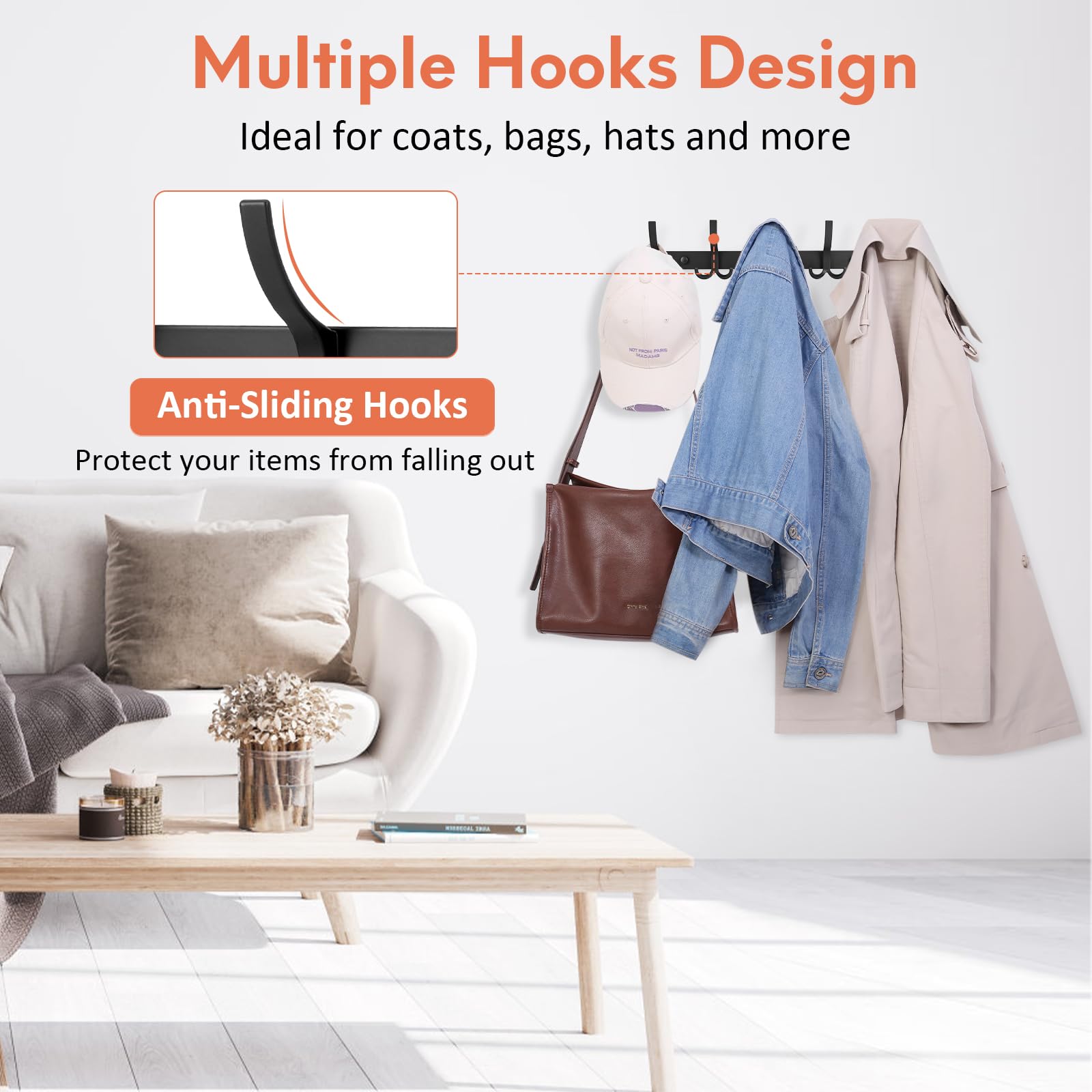 Optish Coat Hooks Wall Mounted, 2 Pack Coat Rack Wall Mount with 15 Hooks, Black Wall Coat Hooks for Jackets, Hats, Bags, for Entryway, Bedroom