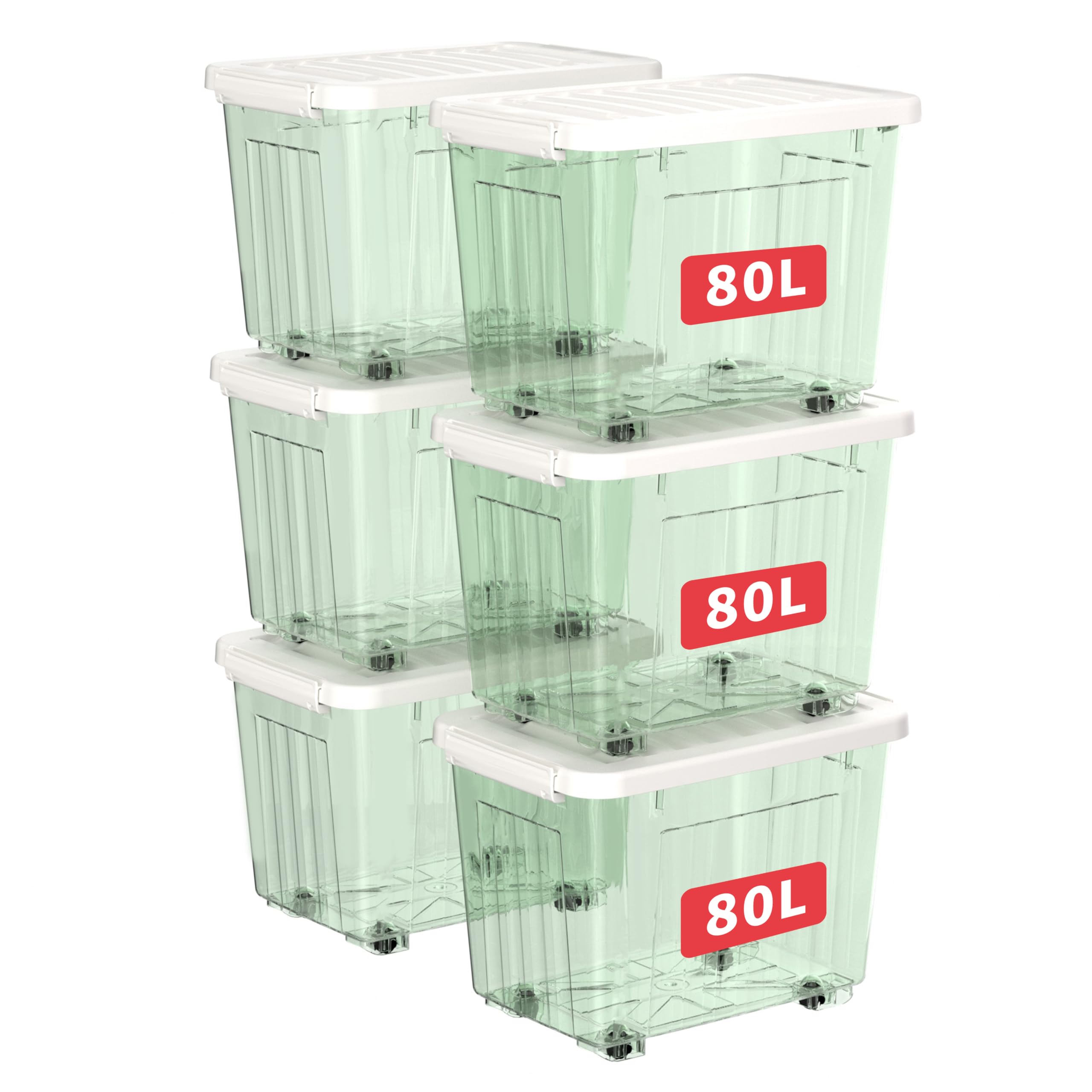 Cetomo 80L*6 Plastic Storage Boxes with Wheels, Lidded Storage Box with Secure Side Latches, PP Nestable and Stackable Clear Organizer for Home