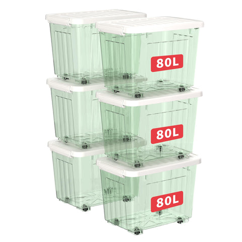Cetomo 80L*6 Plastic Storage Boxes with Wheels, Lidded Storage Box with Secure Side Latches, PP Nestable and Stackable Clear Organizer for Home