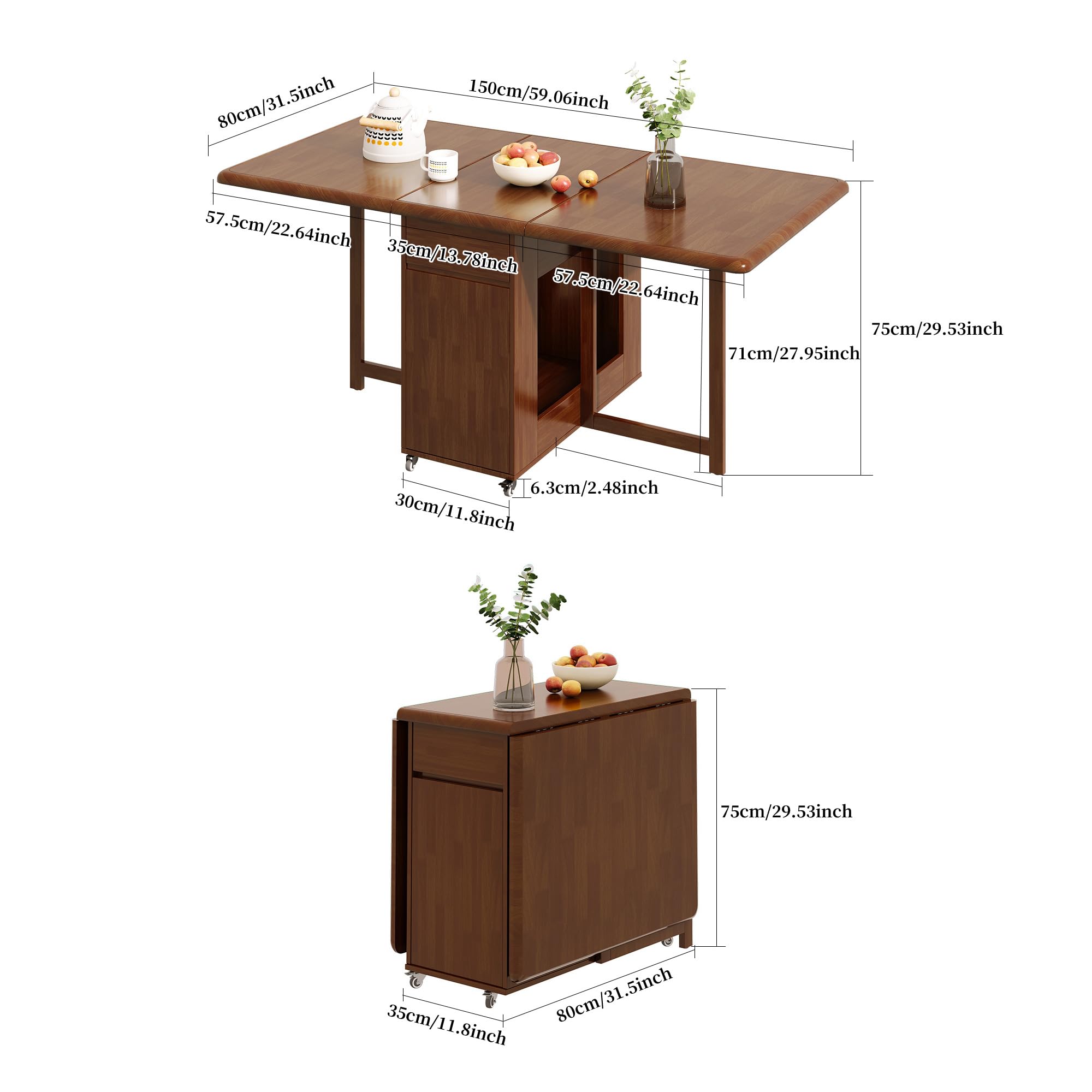 GildedGrove Walnut Foldable Dining Table Retro Design, Mobile on Casters with Storage Compartment, Space-Saving 1.3/1.5 Metre Long Table for Kitchen