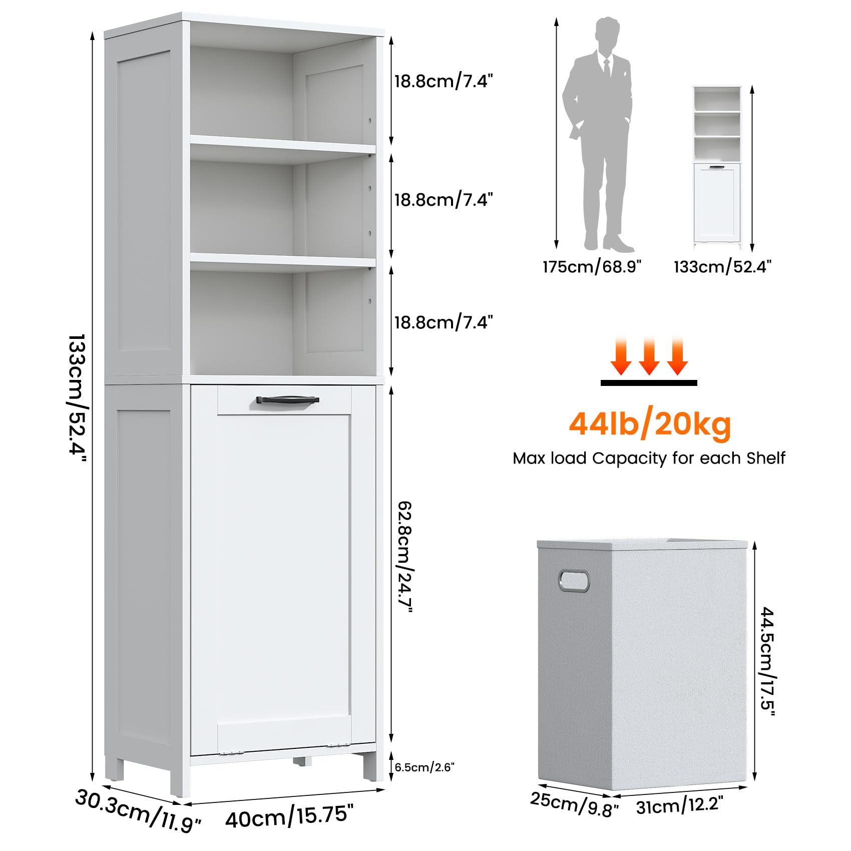 Feonase Compact Bathroom Cabinet with Detachable Laundry Hamper, Narrow Freestanding Storage Unit with 3 Open Shelves for Bathroom, Laundry Room