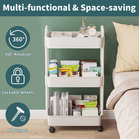 EZ COZY 3-tier Storage Trolley On Wheels - Kitchen Storage Utility Cart Rolling Storage Organiser for Kitchen Bathroom Laundry and Office, White