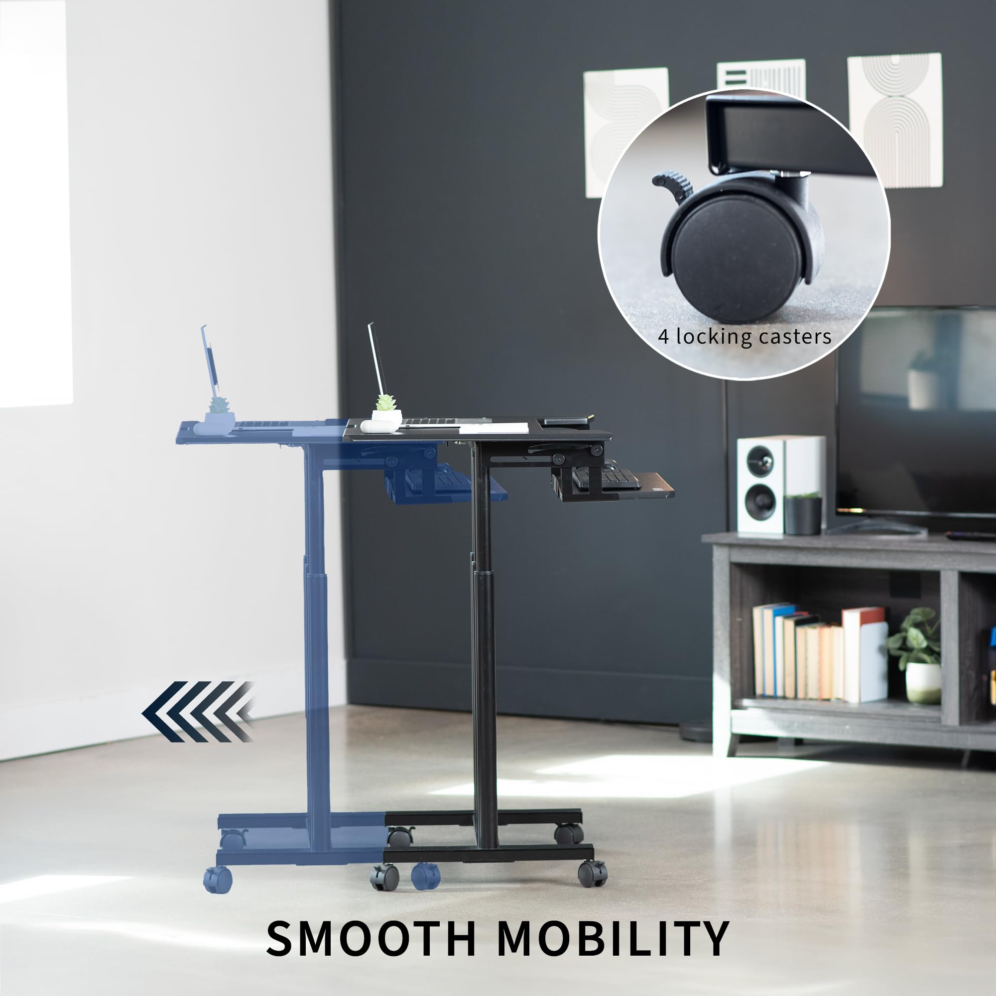 VIVO Mobile Height Adjustable Table, Stand Up Desk Cart with Sliding Keyboard Tray, Computer Workstation, Rolling Presentation Cart, Black, CART-V06A