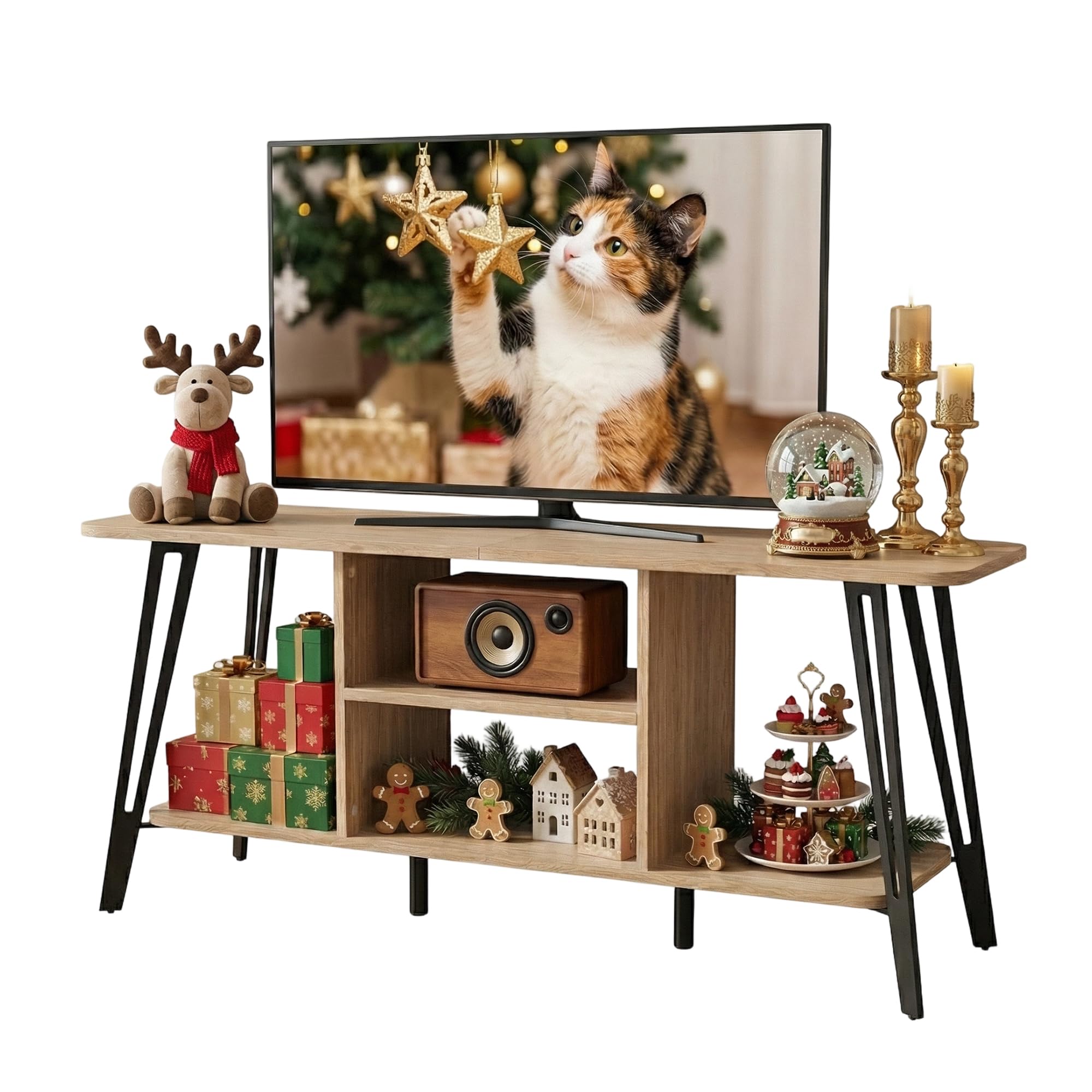 Manora Curved Metal Frame TV Stand with 2-Tier Middle Storage Compartment (Bright brown)