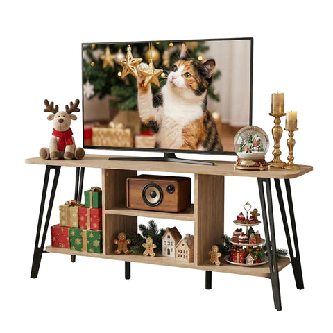 Manora Curved Metal Frame TV Stand with 2-Tier Middle Storage Compartment (Bright brown)