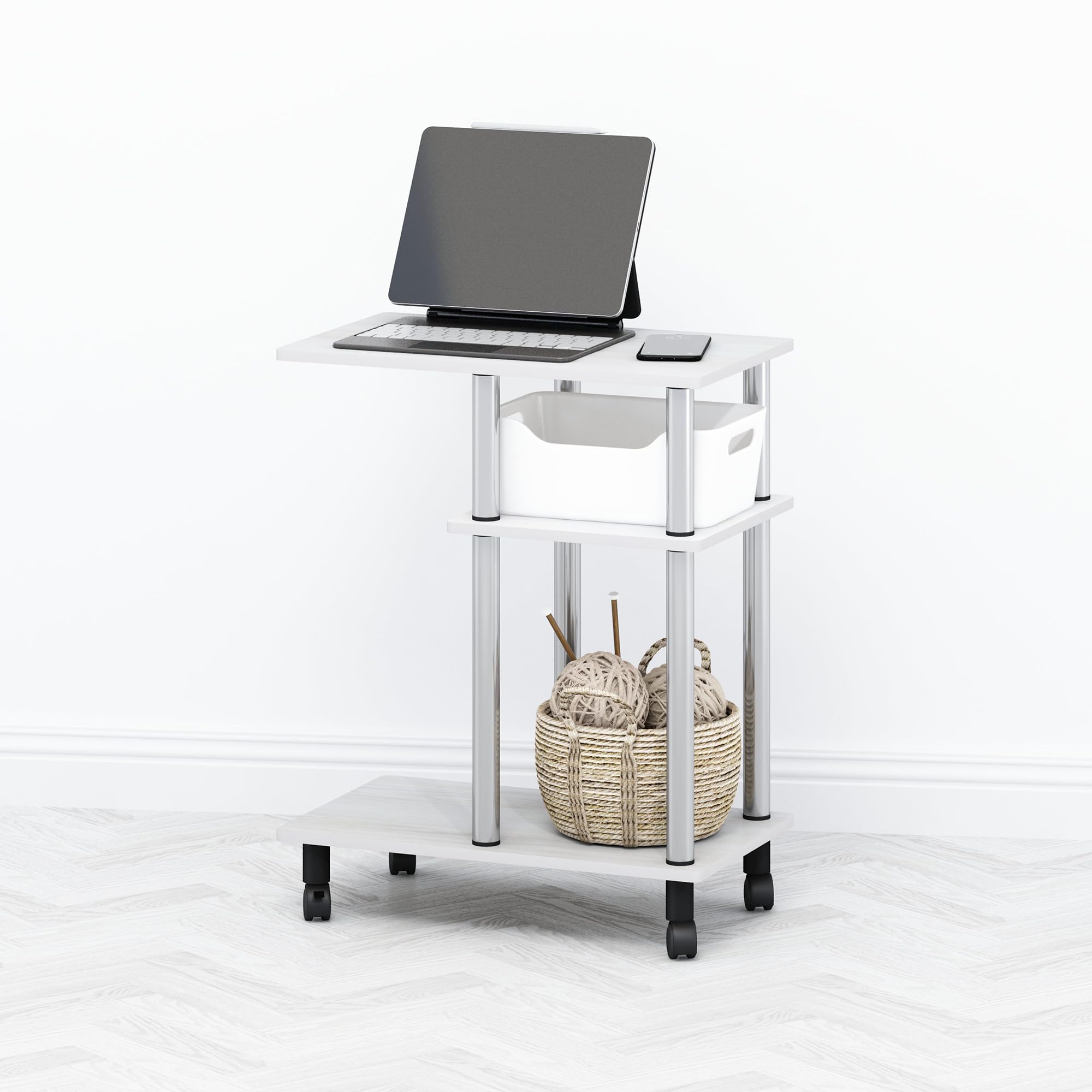 Furinno TOMI Side Table, 3-Tier C-Shape Open Shelf End Table with Wheels, Night Stand, Bedside Table, Toolless Assembly, for Living Room, Bedroom