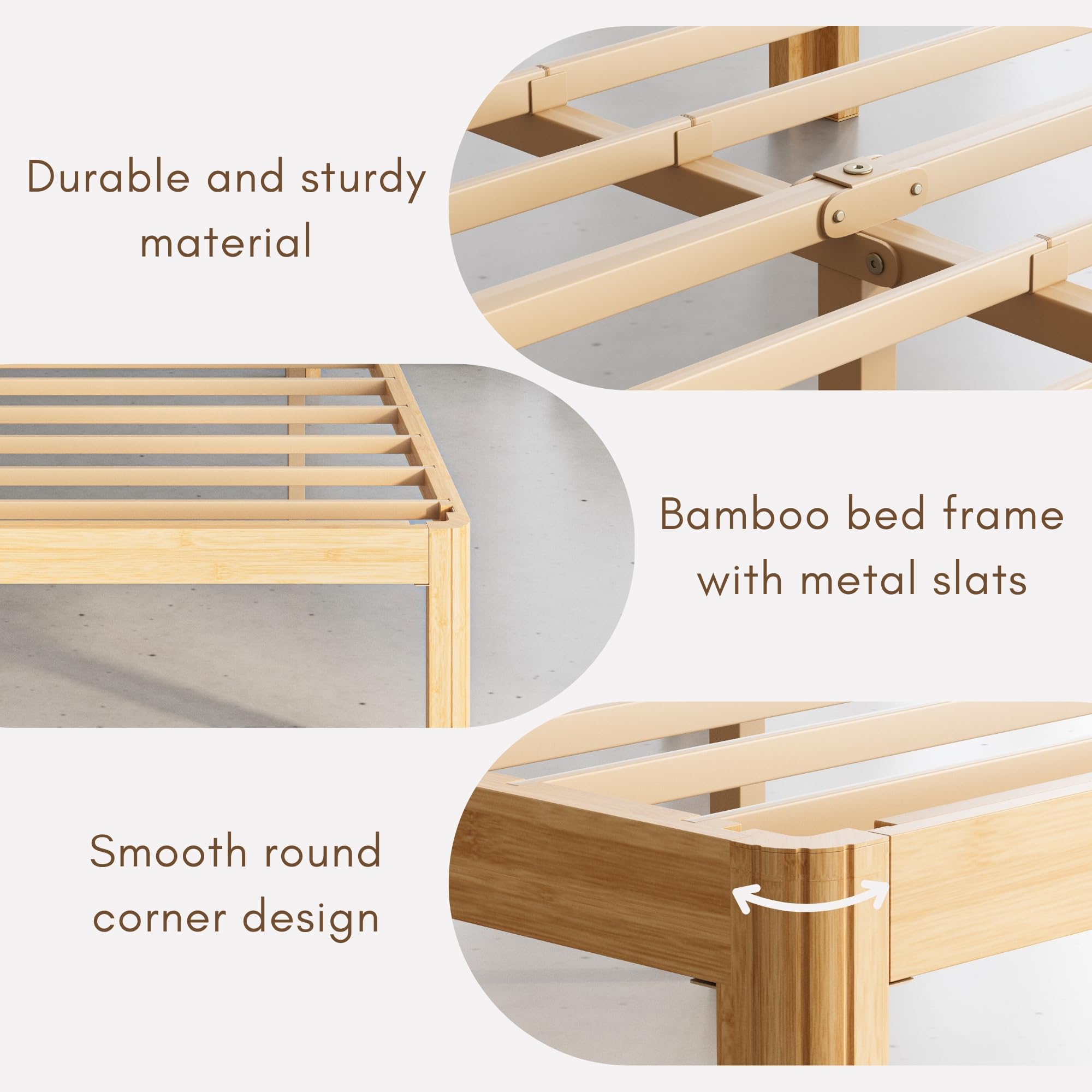 QFtime Bamboo Wood King Size Bed Frame with Metal Slats Support, Platform King Bed Frame, Easy to Install, Noise Free, Sturdy, 30.5 cm High