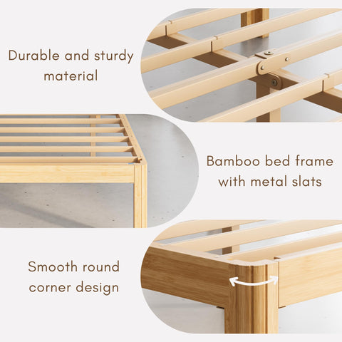 QFtime Bamboo Wood King Size Bed Frame with Metal Slats Support, Platform King Bed Frame, Easy to Install, Noise Free, Sturdy, 30.5 cm High