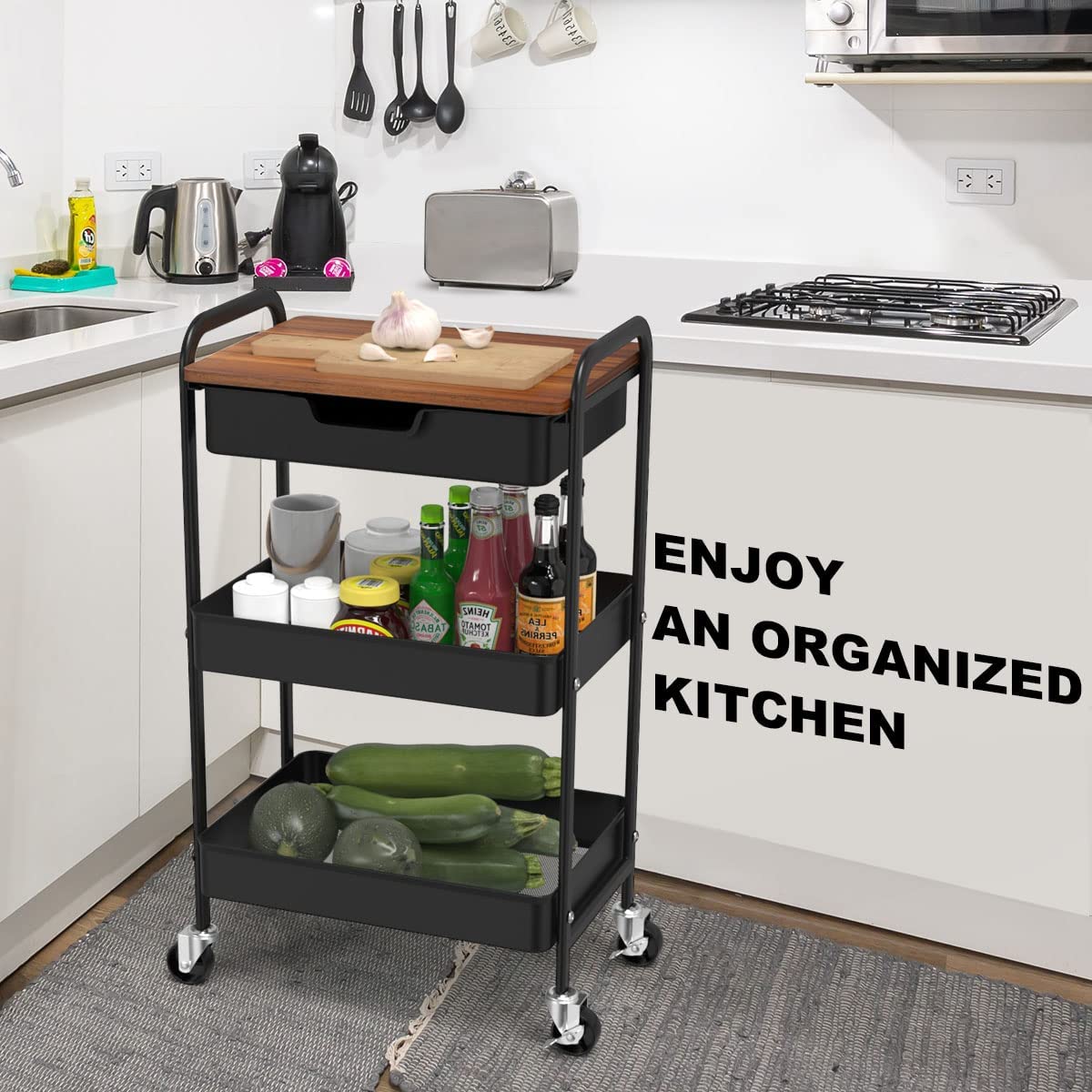 Shrivee 3-Tier Kitchen Trolley With Table and Drawer, All-Purpose Metal Shelf for Office, Salon, Cosmetics, Serving Cart for Kitchen, Bathroom