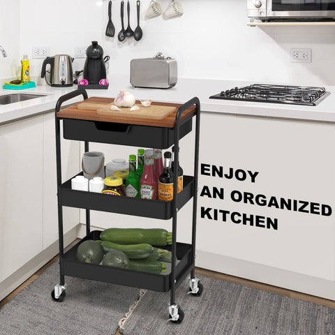 Shrivee 3-Tier Kitchen Trolley With Table and Drawer, All-Purpose Metal Shelf for Office, Salon, Cosmetics, Serving Cart for Kitchen, Bathroom