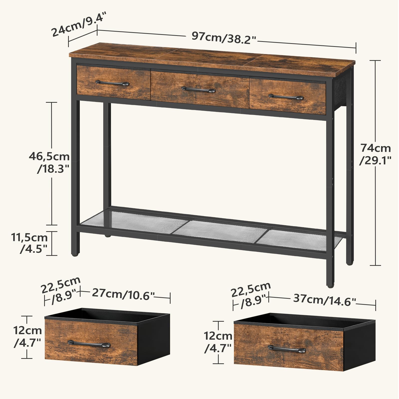 MAHANCRIS Console Table with 3 Fabric Drawers, Narrow Console Table with Open Shelf, 97 cm L Slim Entryway Table, Couch Table, for Hallway