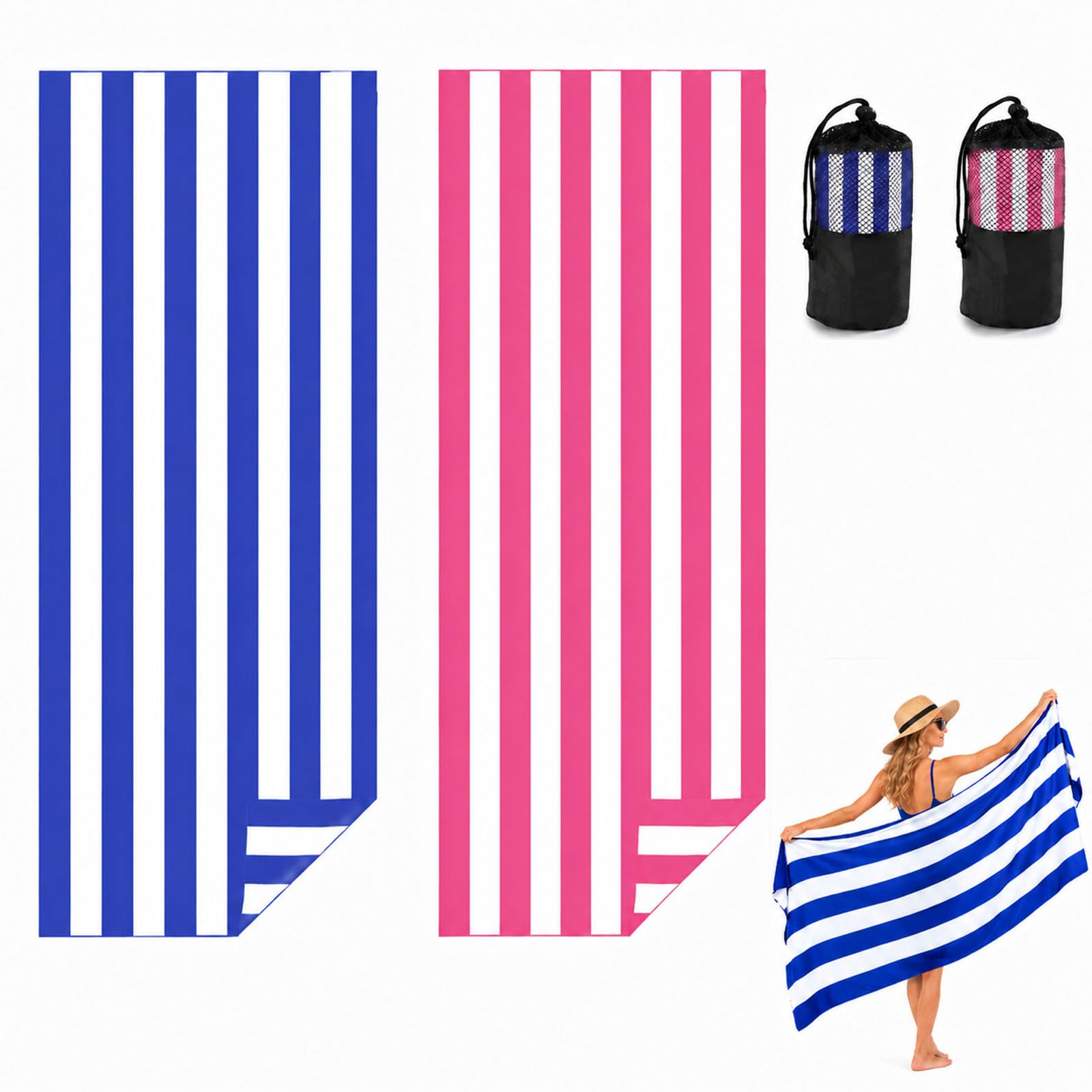 Admygo Microfibre Beach Towels for Adults - 2 Pack 180 x 90 cm Extra Large Beach Towels with Drawstring Bags
