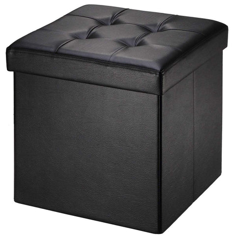 BRIAN & DANY Folding Ottoman Storage Box with Lid, Faux Leather Footstool Toy Storage Box Storage Seat 38 x 38 x 38 cm (Black)