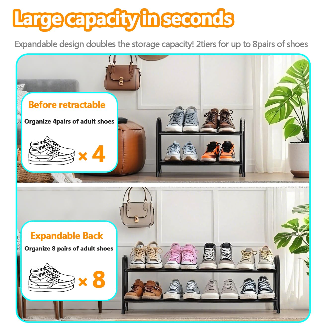 Expandable Shoe Rack, 2 Levels, Adjustable Metal Shoe Storage, 45 to 80 cm, Space Saving for Small Space, Hallway