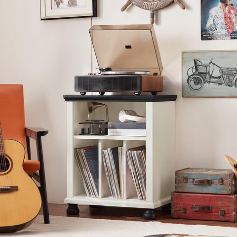 LELELINKY Large Record Player Stand with Vinyl Record Storage, 24" Wide Wood Turntable Stand, Mid-Century Record Player Table Up to 200 Albums
