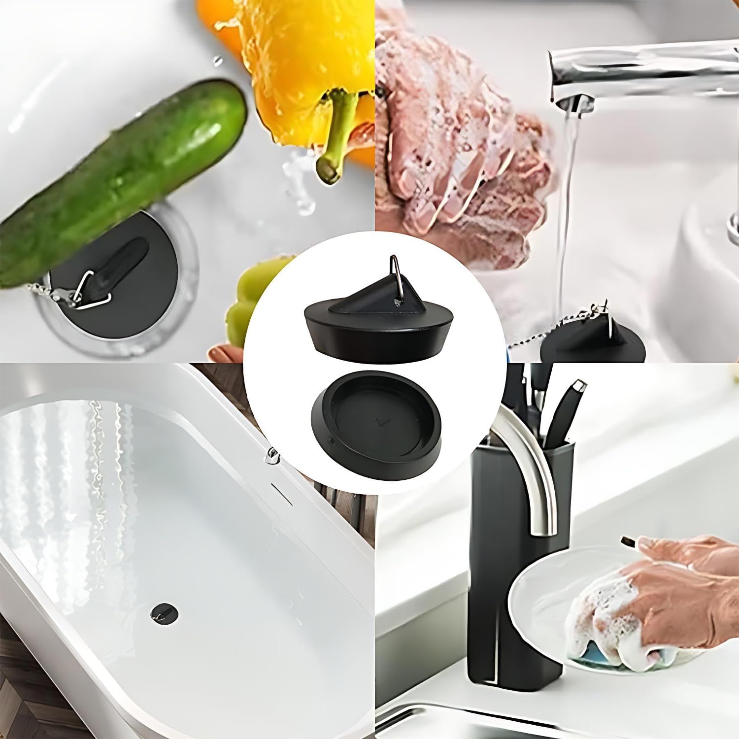 ZIOYANE 2Pcs Drain Plugs, Black Siliconewith Triangle Hook & Bead Chain Sink and Bath Plug for Washbasin Bathtub Bathroom Floor Drain