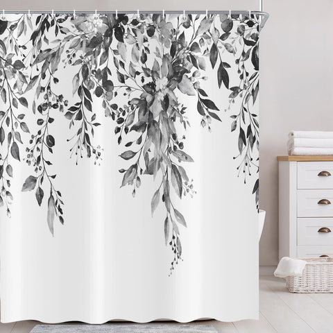 ASDCXZ Black Eucalyptus Shower Curtain 180x200 cm, Spring Watercolor Eucalyptus Leaves Floral Plants Waterproof Bath Curtain Polyester Textile