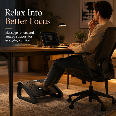 Adjustable Underdesk Footrest - Desk Foot Rest with Moveable Wheels - Foot Stool Under Desk with Large Roller Massage