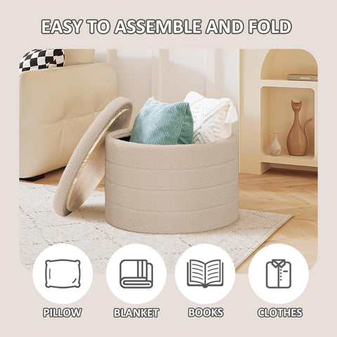 PINPLUS Round Ottoman Storage, Convertible Table, Beige, 56x56x40 cm