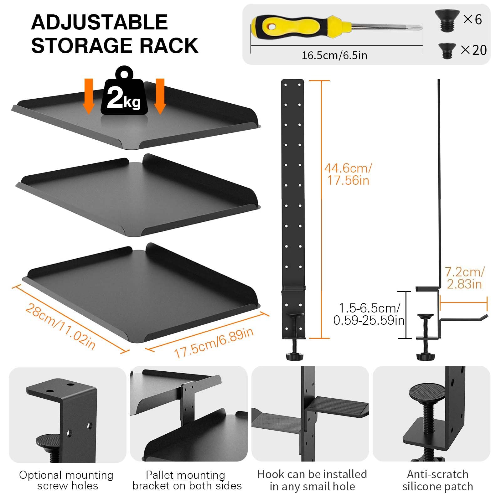 Clampable Desk Organiser Shelf, 3 Tier Bookshelf, Desk Storage Rack, Desktop or Under with Adjustable Metal Tray Headphone Stand
