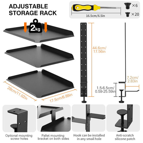 Clampable Desk Organiser Shelf, 3 Tier Bookshelf, Desk Storage Rack, Desktop or Under with Adjustable Metal Tray Headphone Stand
