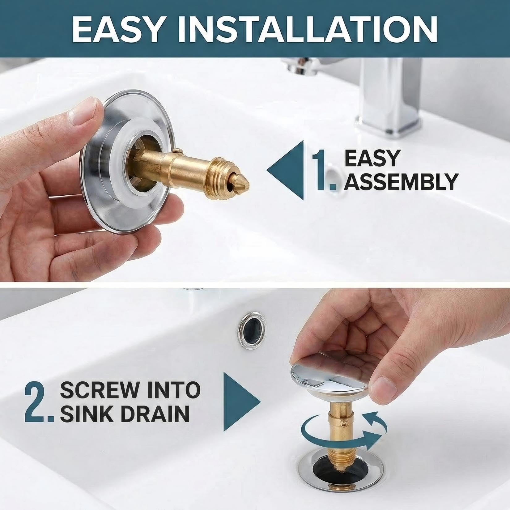 Peygre 2 Pcs Brass Push-In Sink Plug, 36-39mm, 67mm Chrome