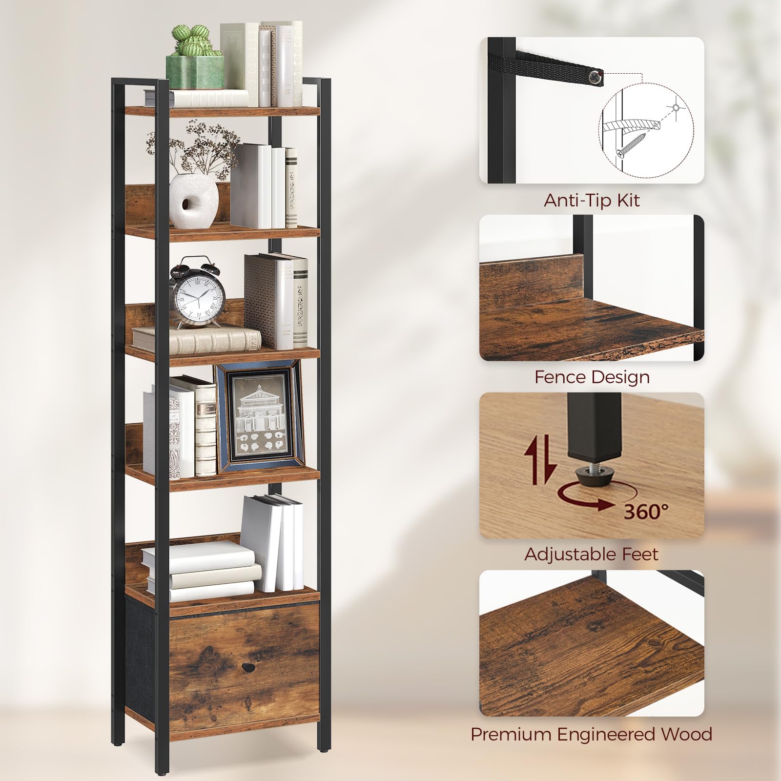MAHANCRIS Bookshelf, 6-Tier Bookcase with Removable Drawer, Freestanding Book Shelf for Small Space, Storage Shelf Organizer, for Living Room