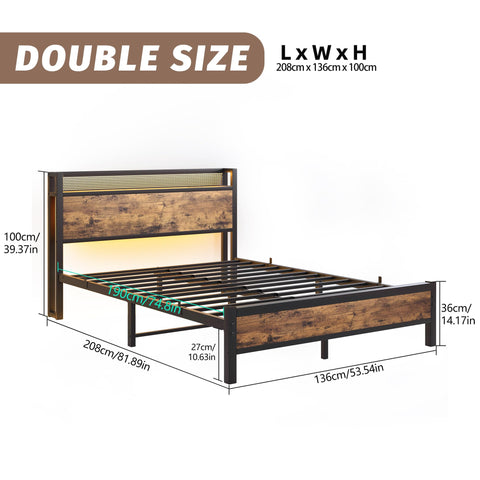 Diahomy 4ft6 Double Bed Frame with LED Lights&Charging Station,Brown