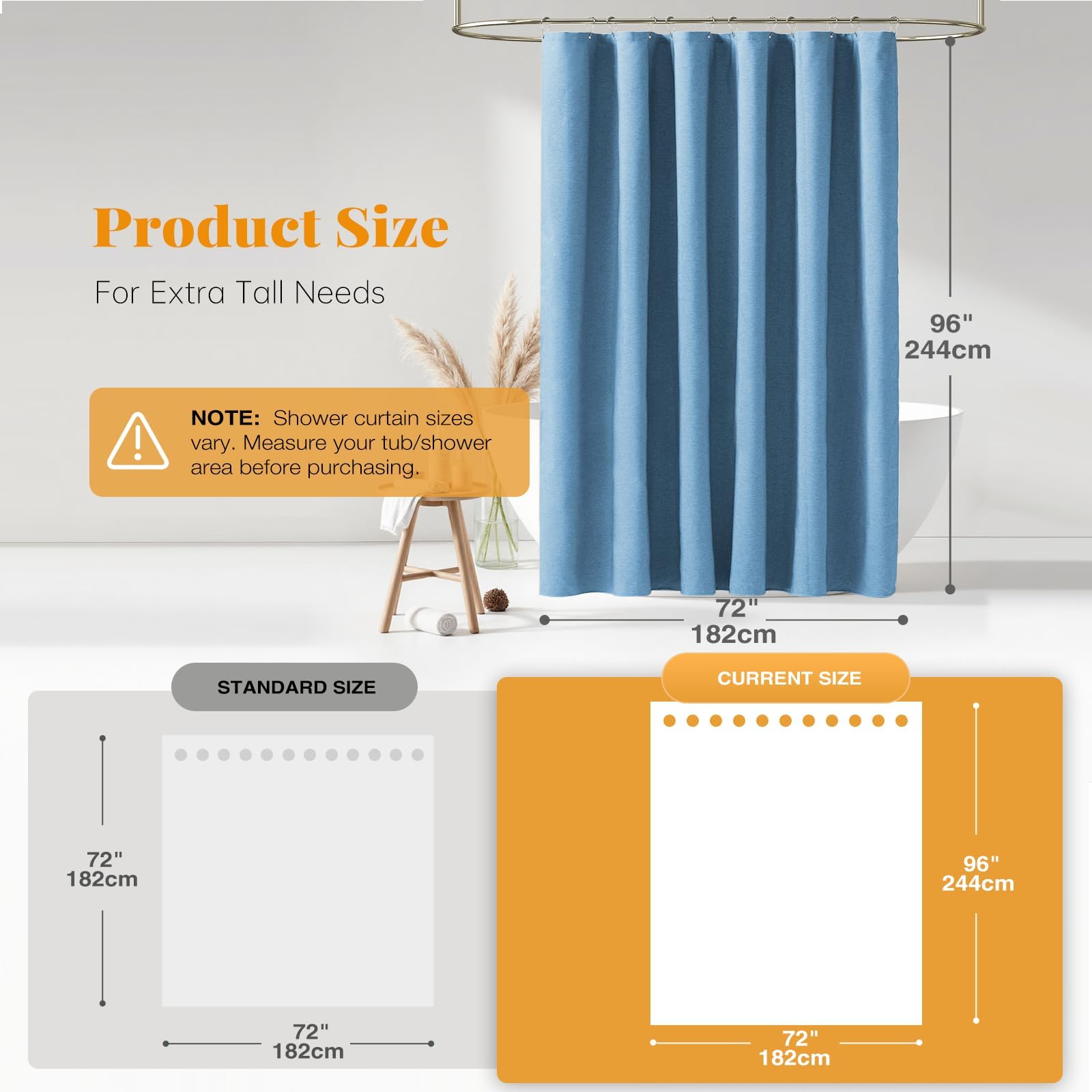 BTTN Extra Long Linen Look Shower Curtain, 182x244cm, Moonlight Blue