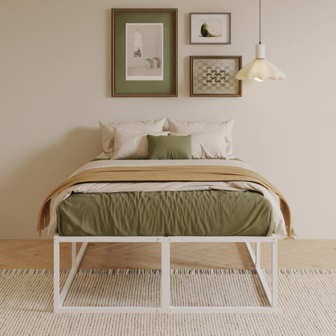 EMODA 46 cm High Metal Bed Frame 150x190 cm, White