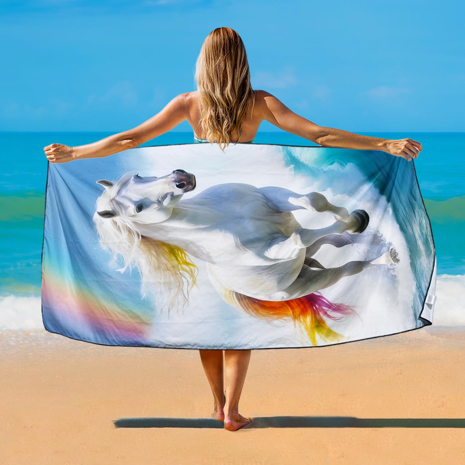 Violetpos Rainbow Mane White Horse Beach Towel, Extra Large 180x90 cm 250GSM Microfibre, Sand Free Quick Dry