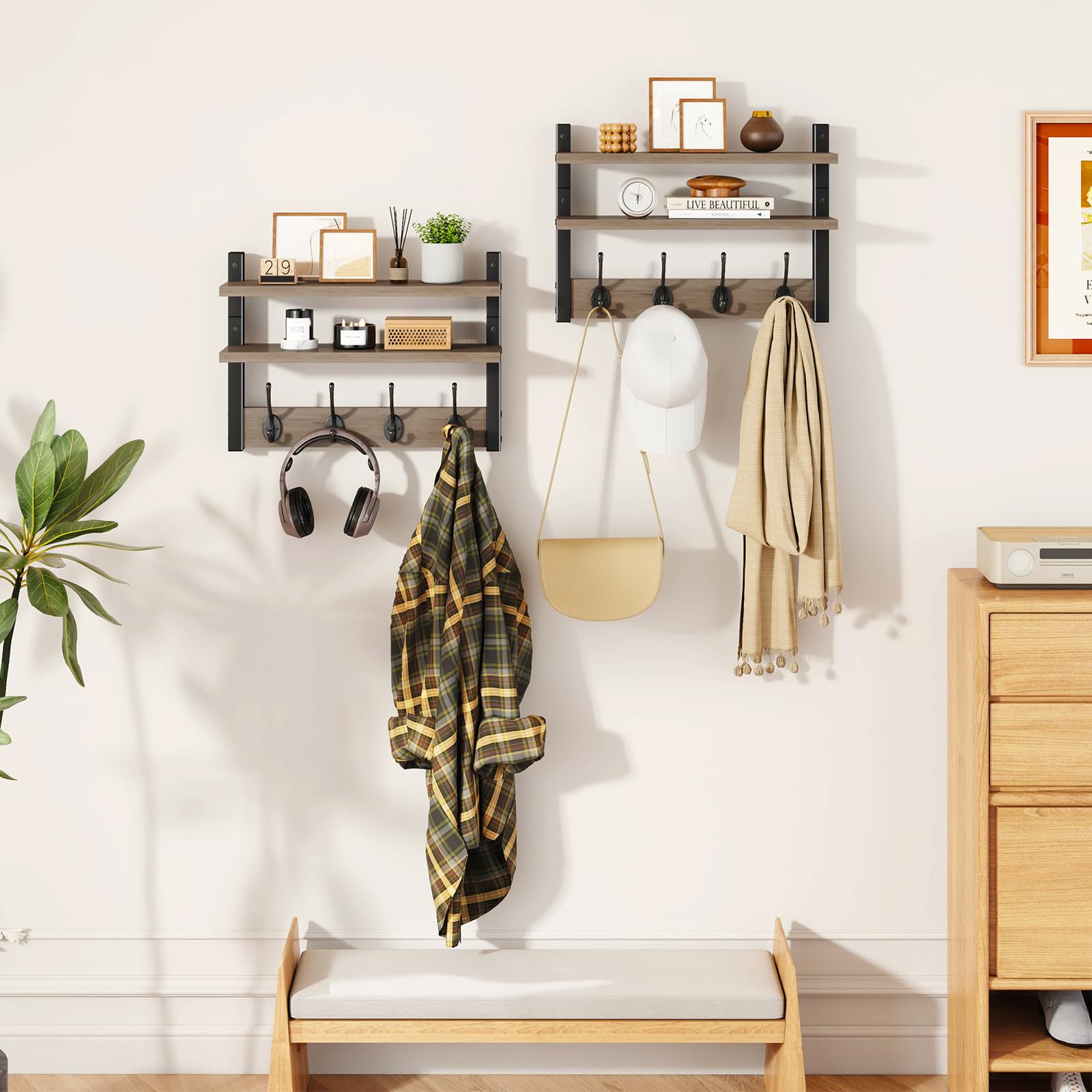 YMYNY 2-Tier Coat Hooks Wall Mounted with Shelf, Silver Gray HWS009Y-2