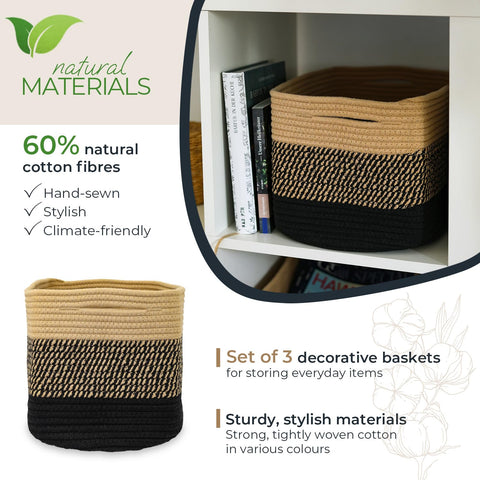HMF Storage Basket with Hidden Handles, Set of 3, Cotton Basket, 37.5 x 25 x 22.5 cm, Black Honey
