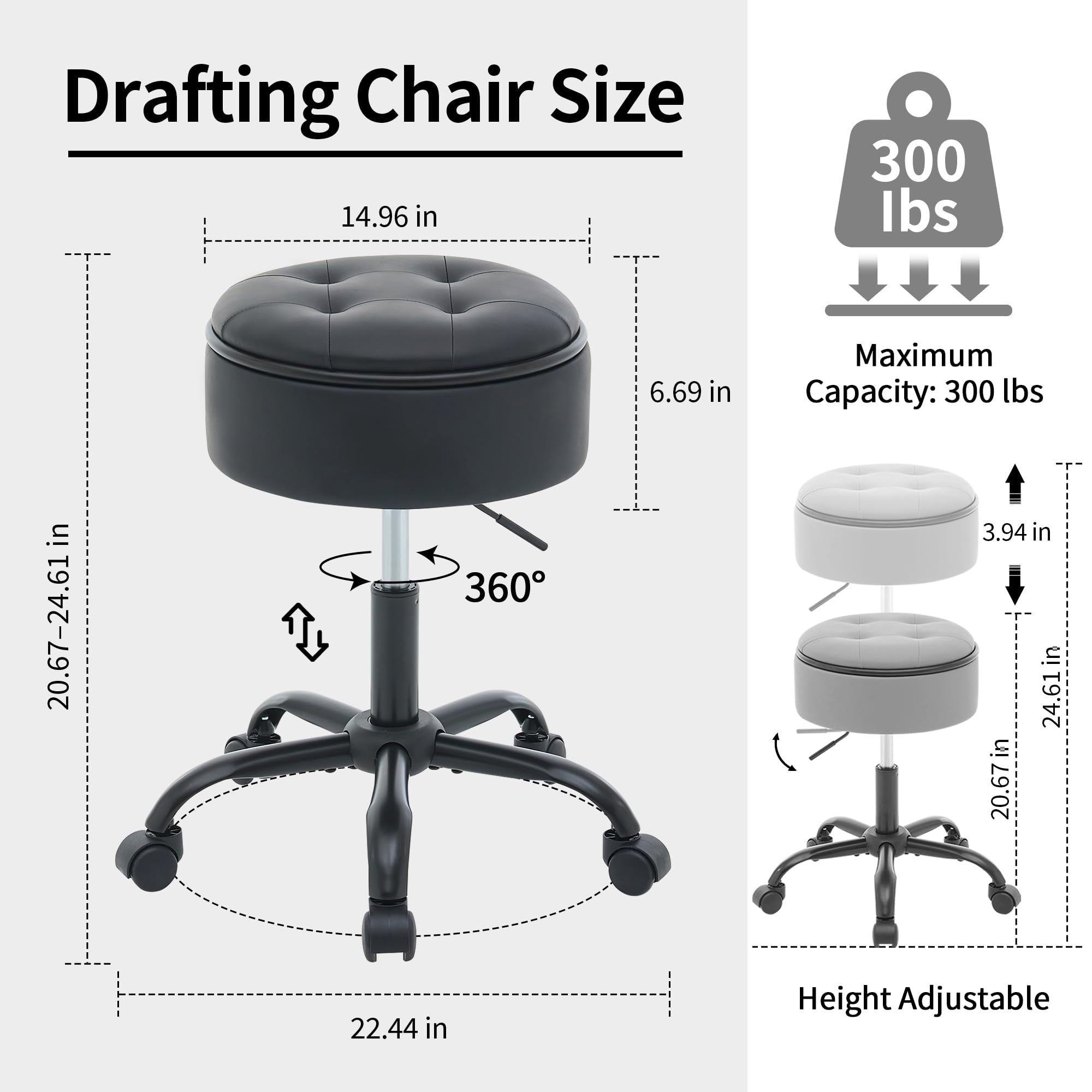 FIRAVOE Drafting Chair with Storage, Adjustable Leather Drafting Stool 52.5–62.5 cm, Black Rolling Office Stool