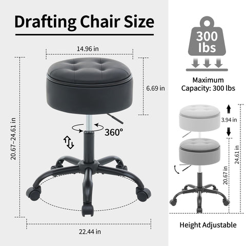 FIRAVOE Drafting Chair with Storage, Adjustable Leather Drafting Stool 52.5–62.5 cm, Black Rolling Office Stool