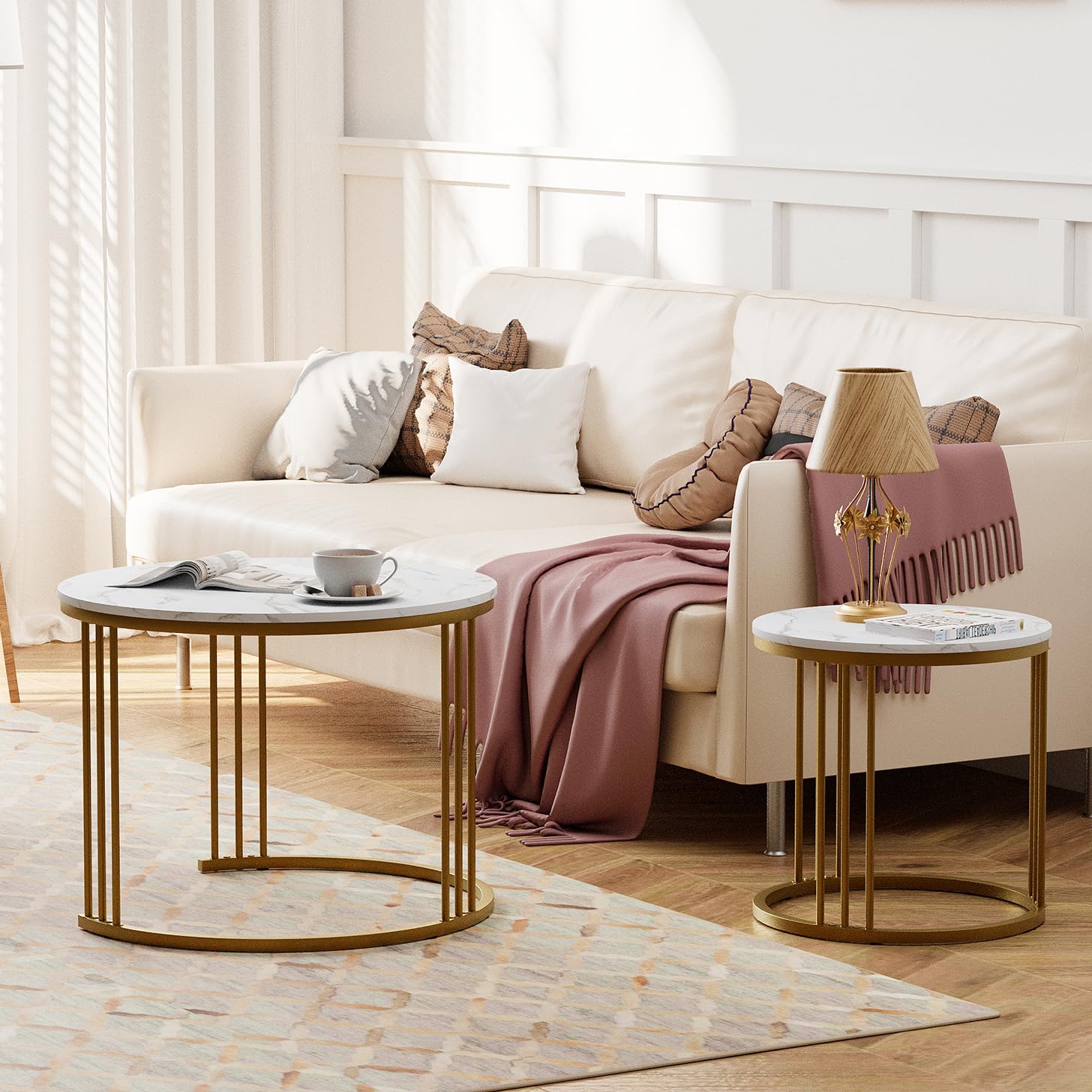 Round Coffee Tables, Set of 2 End Table, Nesting Tables, Side Table with Metal Frame for Living Room/Bedroom/Balcony/Office/Apartment