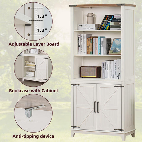 LELELINKY 70in Tall Bookshelf 5 Tier Bookcase with Barn Doors and Adjustable Shelves, White Farmhouse Book Shelf with Storage Cabinet