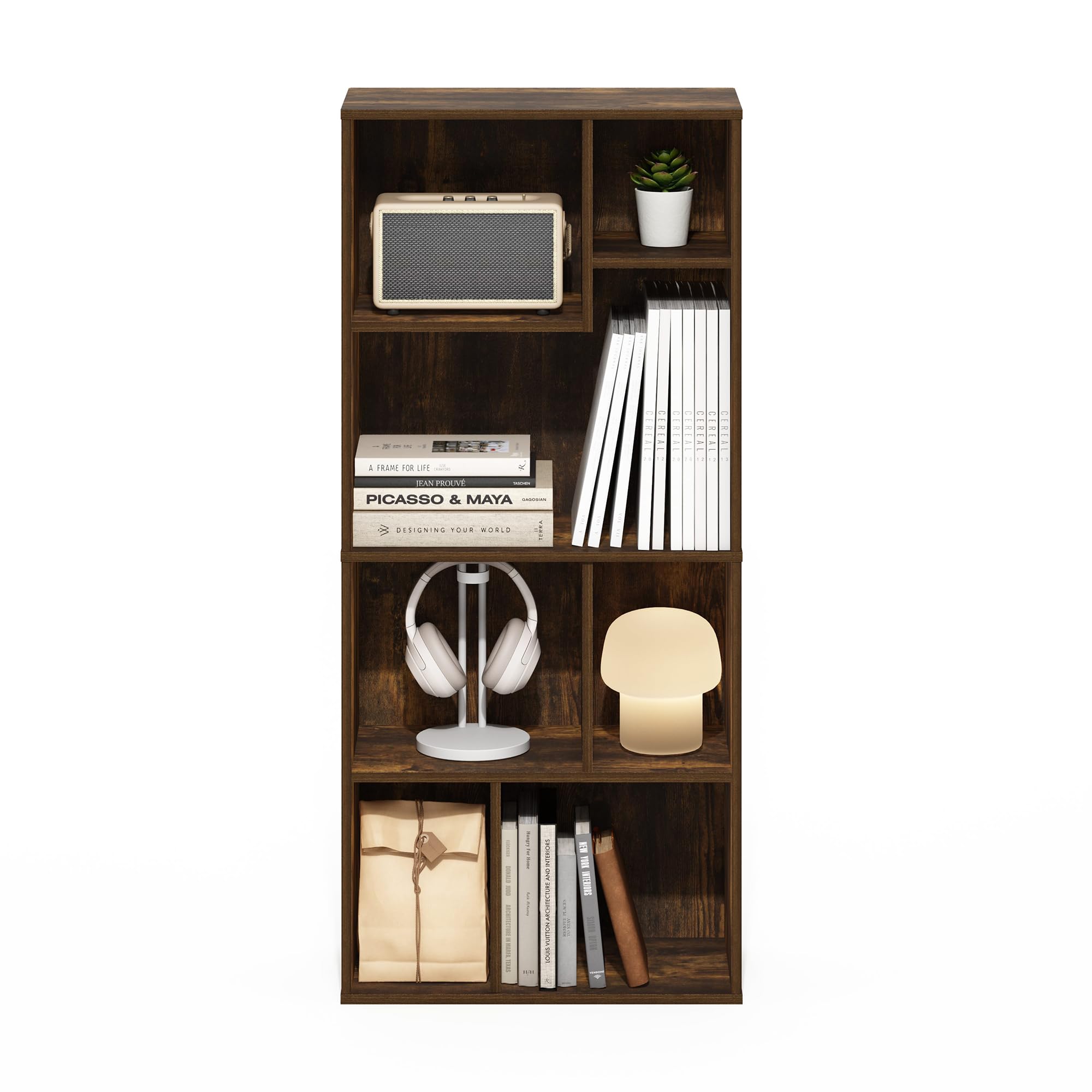 Furinno DALY Book Shelf, 7-Cube Bookshelf, Cube Storage Organizer Bookcase with Irregular Compartments, 24.1 x 48.0 x 106.9 cm, for Living Room