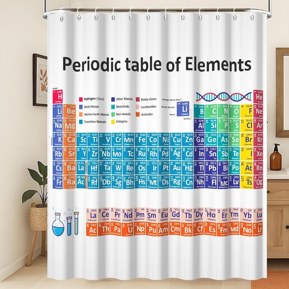 Xiaoterna Periodic Table of Elements Shower Curtain Abstract White Bathroom Curtain Chemical Element Table Water Repellant Washable Fabric for