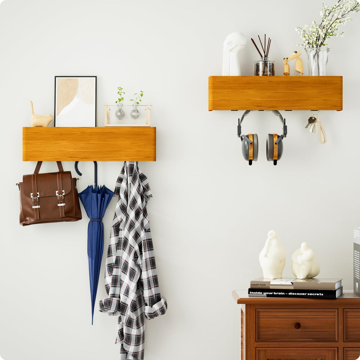 DUKZURA Coat Hooks Wall Mounted, Coat Rack with Hidden Wall Hooks, Coat Hooks with Shelf -Key Holder for Hallway, Bedroom