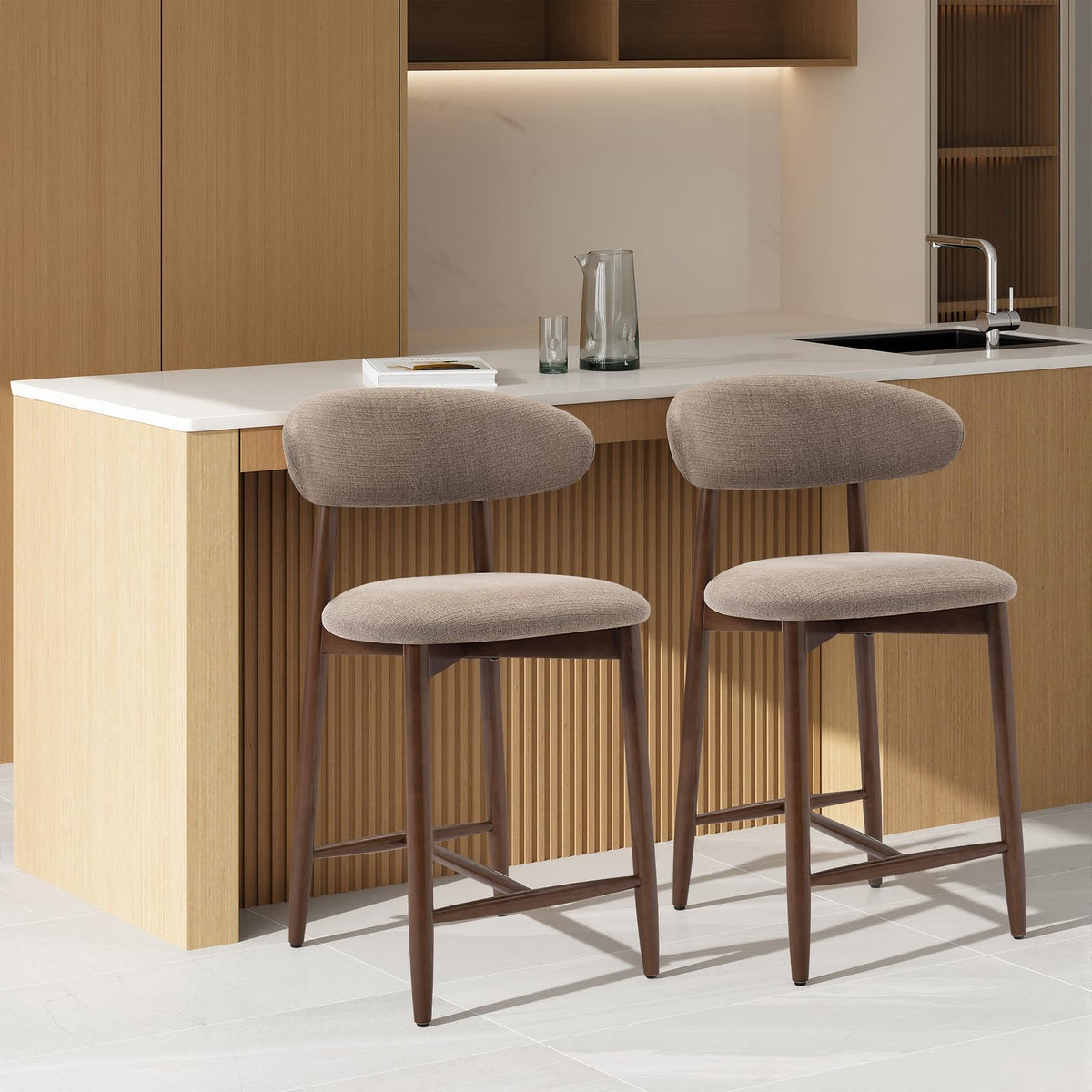 COLAMY 2PCS Counter Height Bar Stools with Back, Modern Upholstered Bar Chairs with Ergonomic Backrest & Footrest, Rubberwood Frame