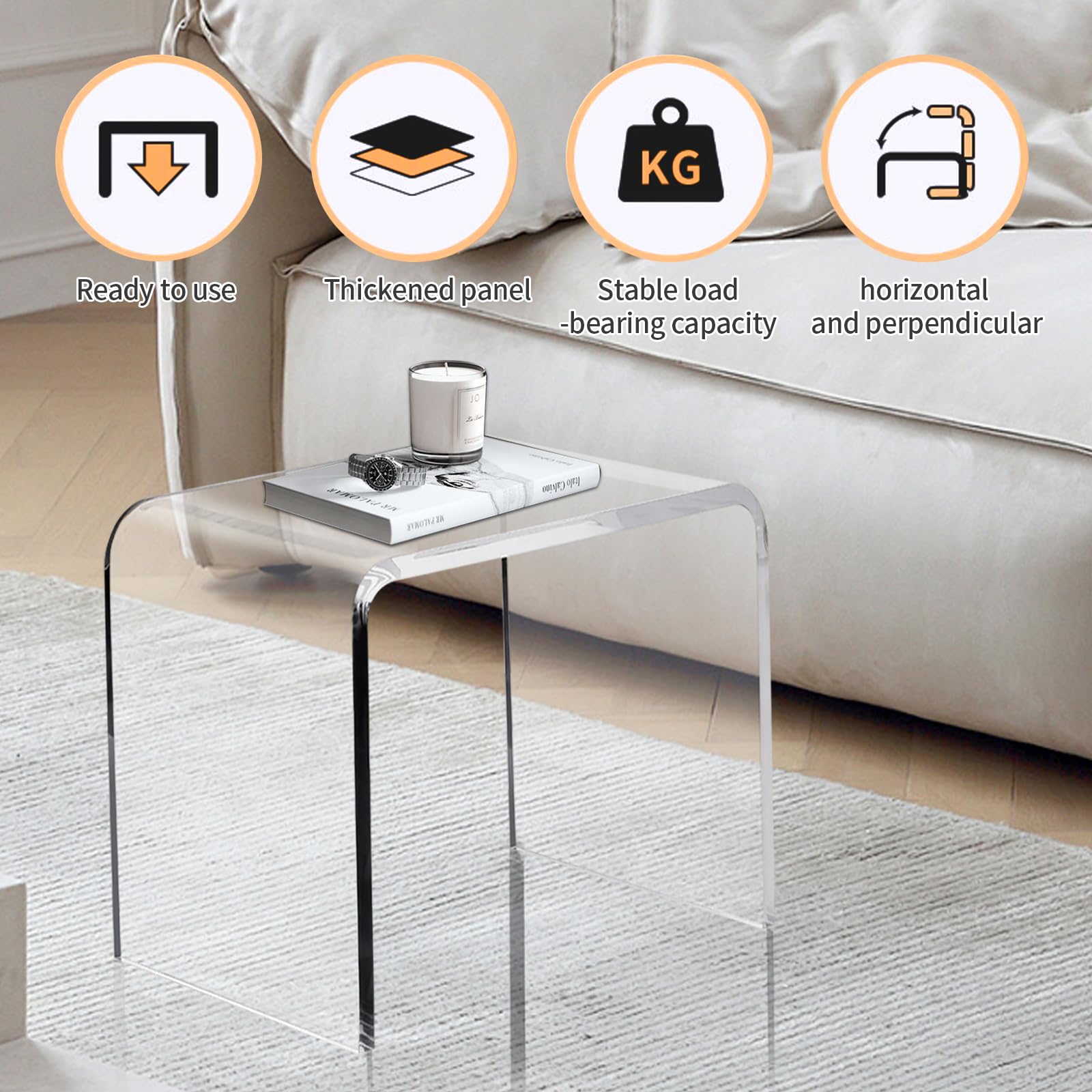 Clear Acrylic U Shaped End Table, Transparent Perspex Plastic Shower Stool, Stylish Modern Coffee Table with Rounded Edges