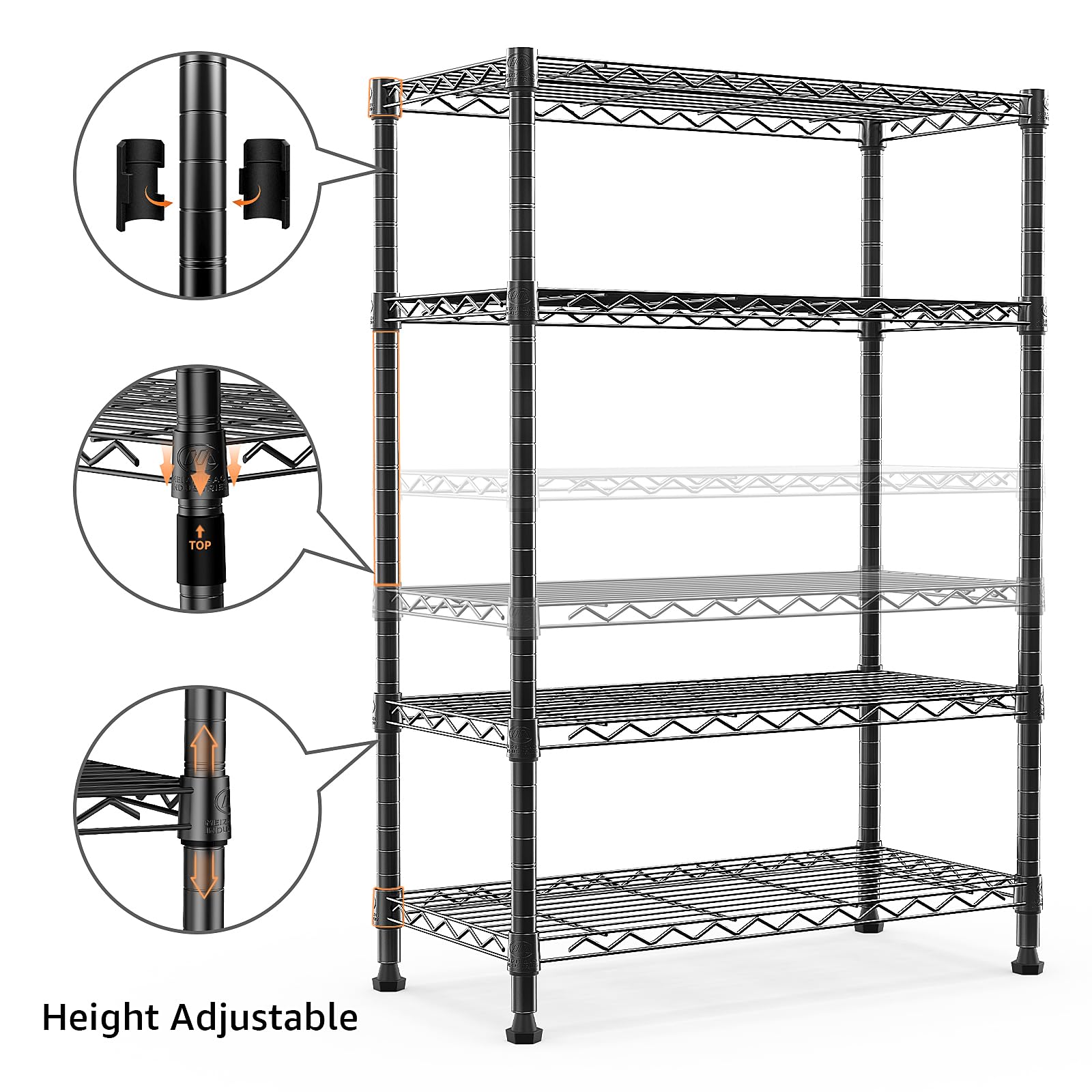 M MZG Height Adjustable Shelves,Heavy Duty Wire Pantry Shelving for Tool Sheds, Garage, and Storehouse,Metal,Black,4 tier 35 x 75 x 120.7 cm